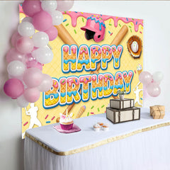 Lofaris Toile de fond joyeux anniversaire thème baseball avec casque rose, arrière-plan coloré pour fête d'enfants et séance photo