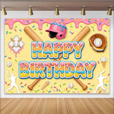 Lofaris Toile de fond joyeux anniversaire thème baseball avec casque rose, arrière-plan coloré pour fête d'enfants et séance photo