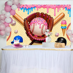 Lofaris Toile de fond anniversaire baseball colorée glaçage rose et confettis, décor ludique pour fête d'enfants et séance photo