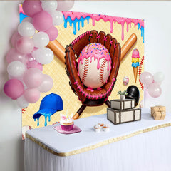 Lofaris Toile de fond anniversaire baseball colorée glaçage rose et confettis, décor ludique pour fête d'enfants et séance photo