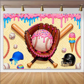 Lofaris Toile de fond anniversaire baseball colorée glaçage rose et confettis, décor ludique pour fête d'enfants et séance photo