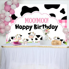 Lofaris Toile de fond joyeux anniversaire ferme avec vaches et rose, arrière-plan de fête pour enfants ou séance photo