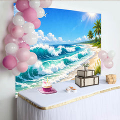 Lofaris Toile de fond de photographie plage tropicale avec vagues bleues et palmiers, magnifique arrière-plan estival pour studio photo