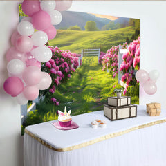 Lofaris Toile de fond de photographie paysage fleuri avec clôture blanche et fleurs roses, magnifique arrière-plan verdoyant pour studio photo