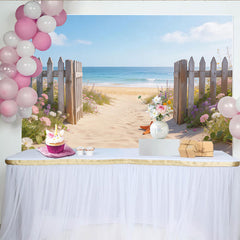 Lofaris Toile de fond de photographie paysage de plage avec clôture en bois et fleurs, arrière-plan estival pour studio photo
