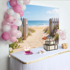 Lofaris Toile de fond de photographie paysage de plage avec clôture en bois et fleurs, arrière-plan estival pour studio photo