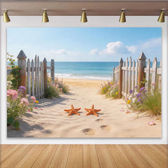 Lofaris Toile de fond de photographie paysage de plage avec clôture et fleurs, arrière-plan estival avec océan et étoiles de mer