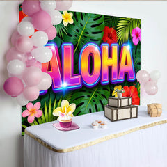 Lofaris Toile de fond tropicale Aloha, fleurs exotiques et feuilles, arrière-plan vibrant pour studio photo et décoration de fête