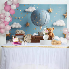 Lofaris Toile de fond montgolfière bleue étoiles et nuages pour bébé, magnifique arrière-plan de studio pour portrait d'enfant