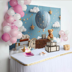 Lofaris Toile de fond montgolfière bleue étoiles et nuages pour bébé, magnifique arrière-plan de studio pour portrait d'enfant