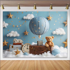 Lofaris Toile de fond montgolfière bleue étoiles et nuages pour bébé, magnifique arrière-plan de studio pour portrait d'enfant