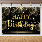 Lofaris Toile de fond joyeux anniversaire noire et or avec paillettes et ballons, magnifique décor de fête pour célébration élégante
