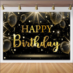 Lofaris Toile de fond joyeux anniversaire noire et or avec paillettes et ballons, magnifique décor de fête pour célébration élégante