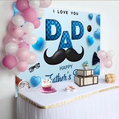 Lofaris Toile de fond bleue Fête des Pères avec cœurs et moustache, élégant arrière-plan pour studio photo et célébration