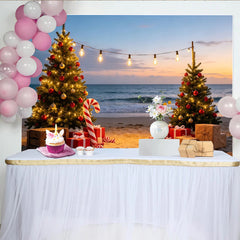 Lofaris Toile de fond de Noël sur la plage avec sapins illuminés et cadeaux, magnifique arrière-plan pour fête de fin d'année et séance photo
