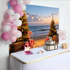 Lofaris Toile de fond de Noël sur la plage avec sapins illuminés et cadeaux, magnifique arrière-plan pour fête de fin d'année et séance photo