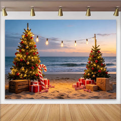 Lofaris Toile de fond de Noël sur la plage avec sapins illuminés et cadeaux, magnifique arrière-plan pour fête de fin d'année et séance photo