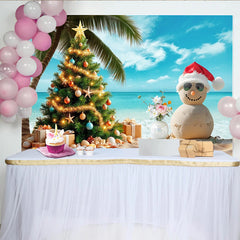 Lofaris Toile de fond de Noël tropicale avec sapin illuminé et bonhomme de sable, magnifique décor de plage pour fête et séance photo
