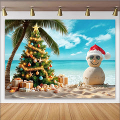 Lofaris Toile de fond de Noël tropicale avec sapin illuminé et bonhomme de sable, magnifique décor de plage pour fête et séance photo