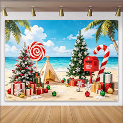 Lofaris Toile de fond de Noël à la plage avec sapins décorés et cadeaux, arrière-plan festif tropical pour photographie et célébrations