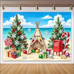 Lofaris Toile de fond de Noël sur la plage avec sapins et tipi, arrière-plan festif avec cadeaux et flocons pour studio photo