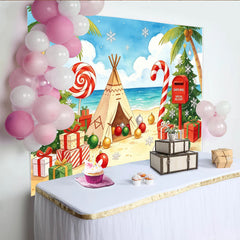 Lofaris Toile de fond de Noël sur la plage avec palmiers et cadeaux, arrière-plan festif pour studio photo et événements