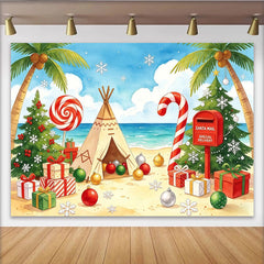 Lofaris Toile de fond de Noël sur la plage avec palmiers et cadeaux, arrière-plan festif pour studio photo et événements