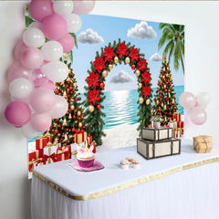 Lofaris Toile de fond de Noël tropical avec palmiers, sapins et cadeaux, élégant décor de plage pour célébration de fin d'année