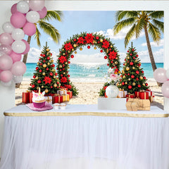 Lofaris Toile de fond de Noël tropicale avec palmiers, poinsettias et cadeaux, magnifique décor de plage festif pour photographie de vacances