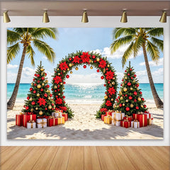 Lofaris Toile de fond de Noël tropicale avec palmiers, poinsettias et cadeaux, magnifique décor de plage festif pour photographie de vacances