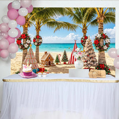 Lofaris Toile de fond de Noël tropicale sur la plage avec palmiers et sapins, arrière-plan festif pour studio photo et fêtes de fin d'année