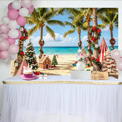 Lofaris Toile de fond de Noël tropicale avec palmiers et maison en pain d'épices, magnifique arrière-plan de plage pour fête et séance photo