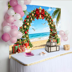 Lofaris Toile de fond de Noël sur la plage avec arche festive et cadeaux, magnifique arrière-plan tropical pour studio photo