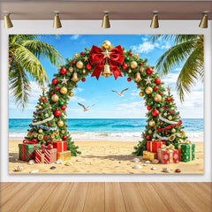 Lofaris Toile de fond de Noël sur la plage avec arche festive et cadeaux, magnifique arrière-plan tropical pour studio photo