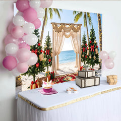 Lofaris Toile de fond de Noël tropicale avec palmiers et décorations rouges et or, magnifique arrière-plan de plage pour studio photo et fête