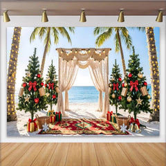 Lofaris Toile de fond de Noël tropicale avec palmiers et décorations rouges et or, magnifique arrière-plan de plage pour studio photo et fête