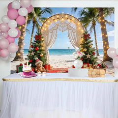Lofaris Toile de fond de Noël tropicale avec palmiers et arche macramé illuminée, arrière-plan de fête pour studio photo et événements