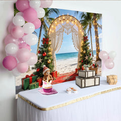 Lofaris Toile de fond de Noël tropicale avec palmiers et arche macramé illuminée, arrière-plan de fête pour studio photo et événements