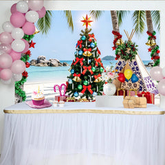Lofaris Toile de fond de Noël tropicale sur la plage avec palmiers et cadeaux, magnifique arrière-plan de photographie pour fête estivale