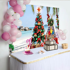 Lofaris Toile de fond de Noël tropicale sur la plage avec palmiers et cadeaux, magnifique arrière-plan de photographie pour fête estivale