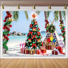 Lofaris Toile de fond de Noël tropicale sur la plage avec palmiers et cadeaux, magnifique arrière-plan de photographie pour fête estivale