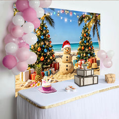 Lofaris Toile de fond de Noël tropicale avec bonhomme de neige et palmiers, décor de plage festif pour studio photo