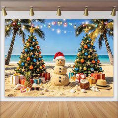 Lofaris Toile de fond de Noël tropicale avec bonhomme de neige et palmiers, décor de plage festif pour studio photo