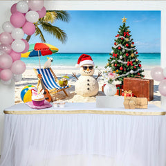 Lofaris Toile de fond de Noël tropicale avec bonhomme de neige et palmier, arrière-plan de plage pour fête et studio photo