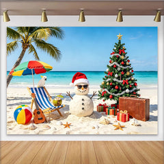Lofaris Toile de fond de Noël tropicale avec bonhomme de neige et palmier, arrière-plan de plage pour fête et studio photo
