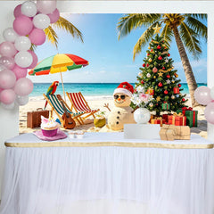 Lofaris Toile de fond de Noël tropicale sur la plage, avec bonhomme de neige et cadeaux, magnifique décor estival pour fêtes et séances photo