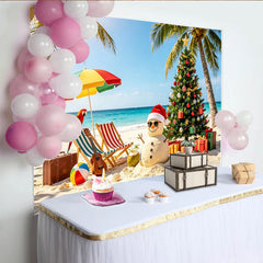Lofaris Toile de fond de Noël tropicale sur la plage, avec bonhomme de neige et cadeaux, magnifique décor estival pour fêtes et séances photo