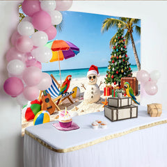Lofaris Toile de fond de Noël tropicale avec bonhomme de neige, sapin et cadeaux, décor de plage paradisiaque pour fête estivale