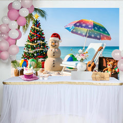 Lofaris Toile de fond de Noël à la plage avec bonhomme de neige et palmier, parapluie coloré décor festif pour studio photo