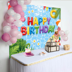 Lofaris Toile de fond joyeux anniversaire piscine avec ballons colorés et flamant rose, magnifique décor de fête d'été pour séance photo